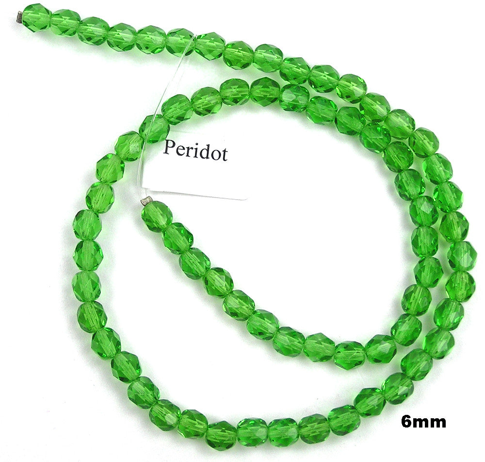 Peridot, Czech Fire Polished Round Faceted Glass Beads, 16 inch strand