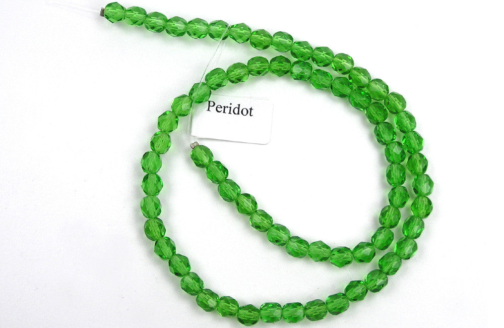 Peridot, Czech Fire Polished Round Faceted Glass Beads, 16 inch strand