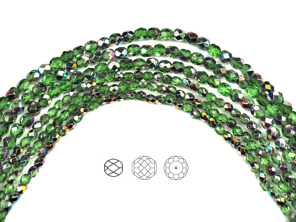 Peridot Vitrail coated, Czech Fire Polished Round Faceted Glass Beads, 16 inch strand