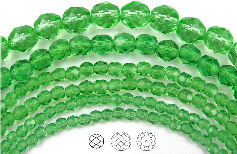 Peridot color, loose Czech Fire Polished Round Faceted Glass Beads, light green, 3mm, 4mm, 6mm