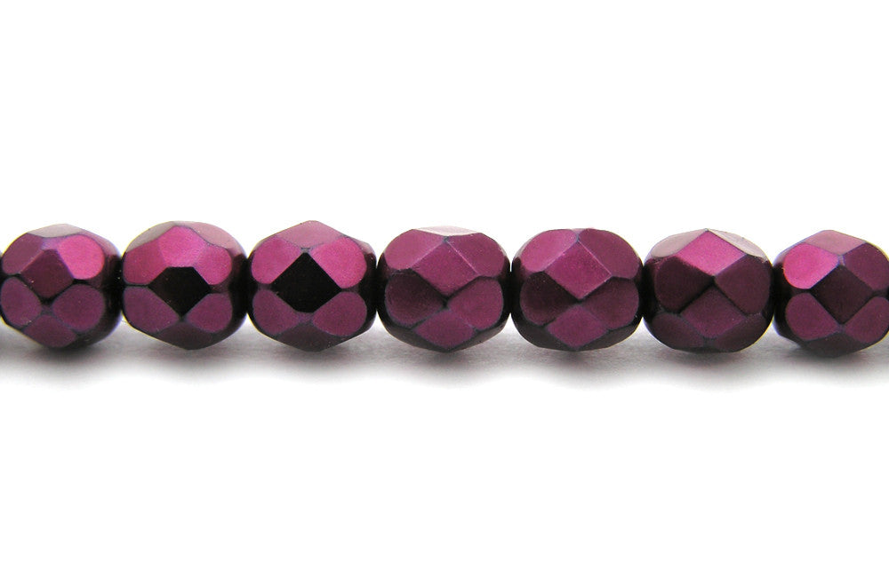 Pink Carmen Metallic Pearl, Czech Fire Polished Round Faceted Glass Beads, Faceted Pearls