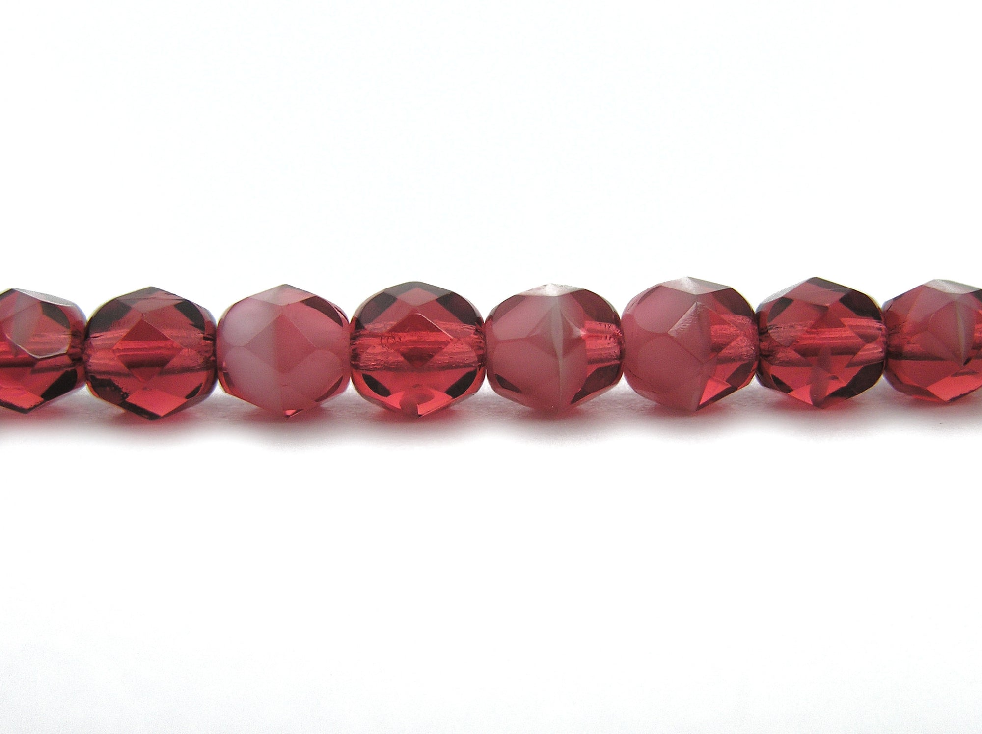 Pink White Givre, 2-tone combination, Czech Fire Polished Round Faceted Glass Beads, 7 inch strands