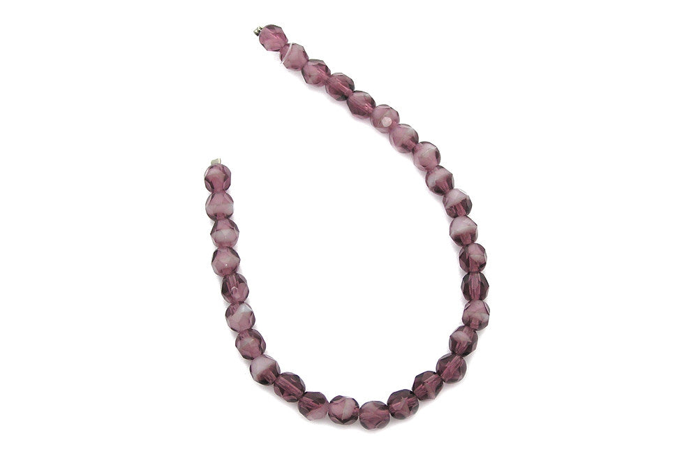 Purple White Givre, 2-tone combination, Czech Fire Polished Round Faceted Glass Beads, 7 inch strands, 6mm 30pcs