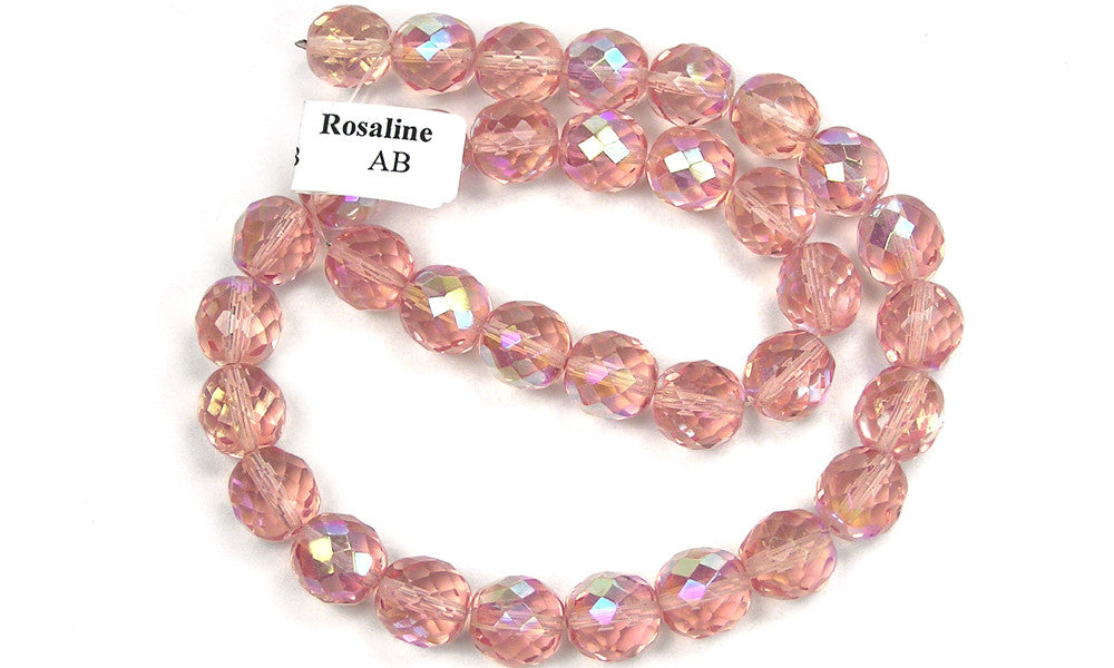 Rosaline AB coated, Czech Fire Polished Round Faceted Glass Beads, 16 inch strand