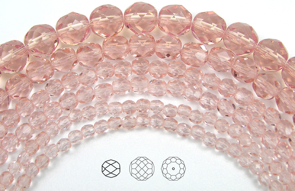 Rosaline color, loose Czech Fire Polished Round Faceted Glass Beads, pink, 3mm, 4mm, 6mm, 8mm