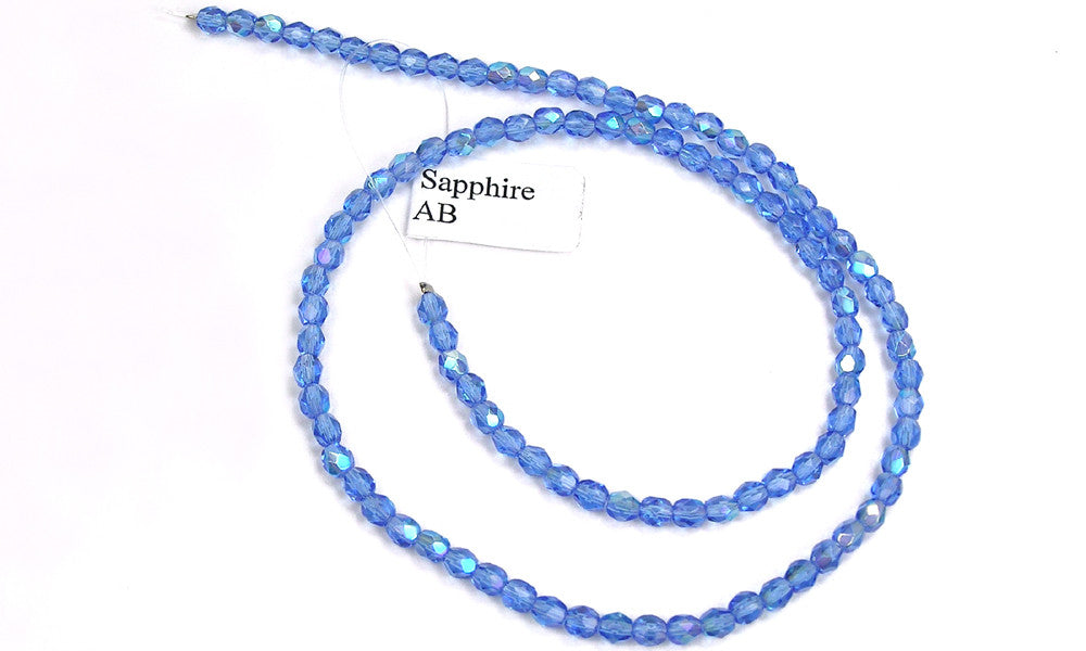 Sapphire AB coated, Czech Fire Polished Round Faceted Glass Beads, 16 inch strand