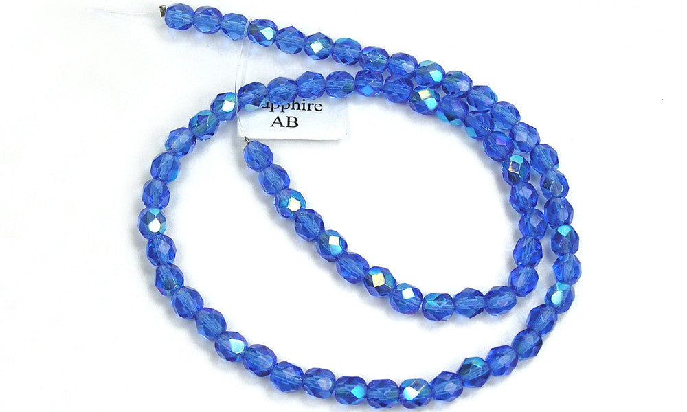 Sapphire AB coated, Czech Fire Polished Round Faceted Glass Beads, 16 inch strand