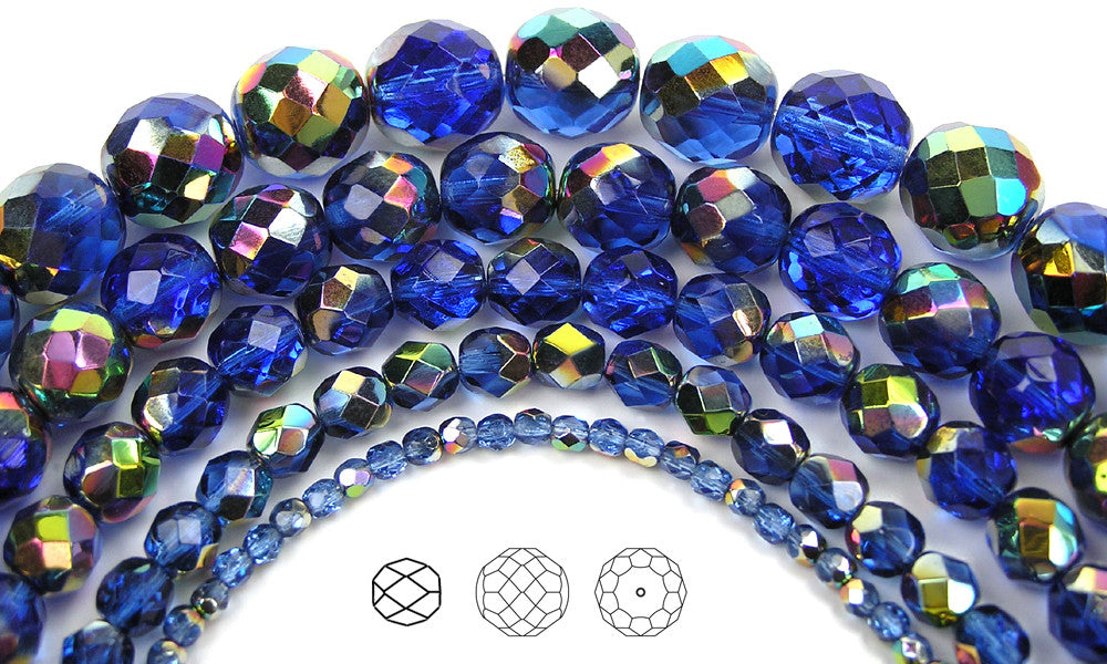 Sapphire VITRAIL coated, loose Czech Fire Polished Round Faceted Glass Beads, blue