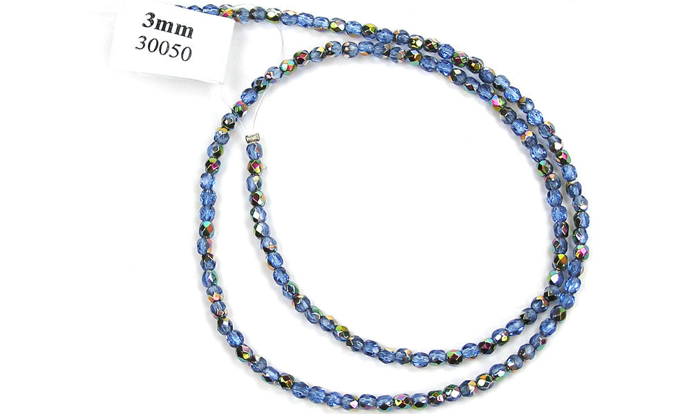 Sapphire Vitrail coated, Czech Fire Polished Round Faceted Glass Beads, 16 inch strand