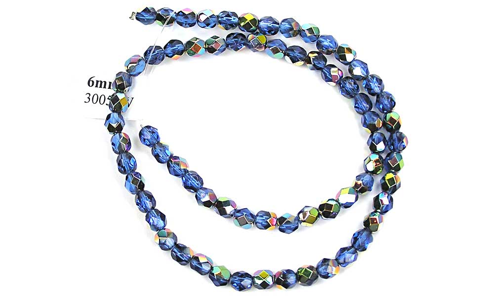 Sapphire Vitrail coated, Czech Fire Polished Round Faceted Glass Beads, 16 inch strand