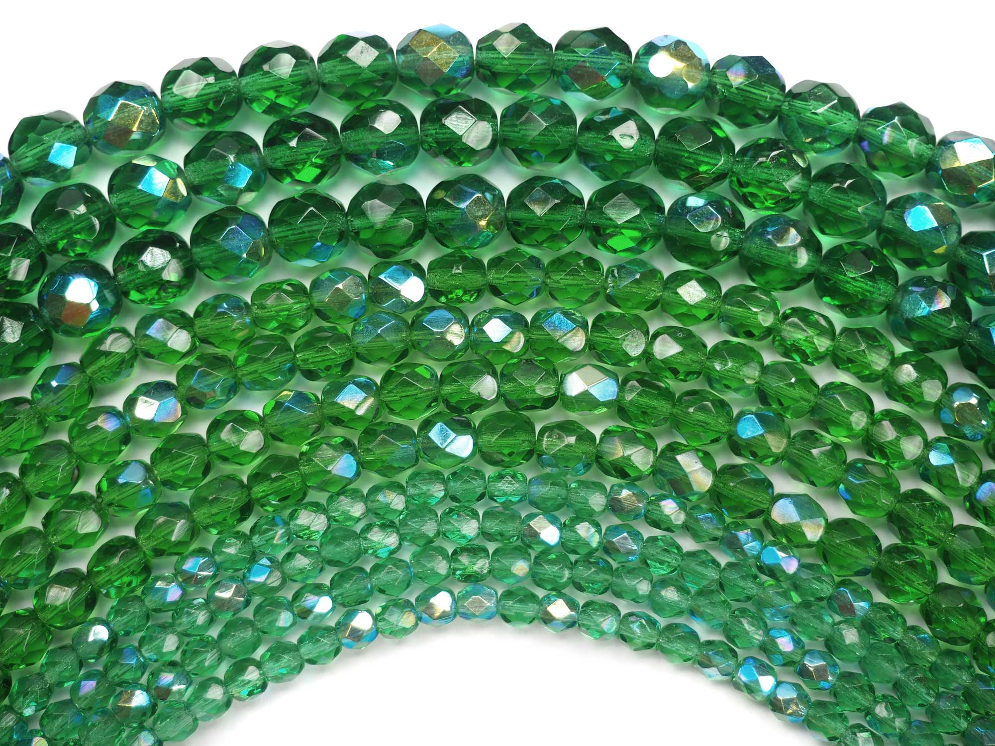 Shamrock Spring Green AB coated, loose Czech Fire Polished Round Faceted Glass Beads, light green with Aurora Borealis
