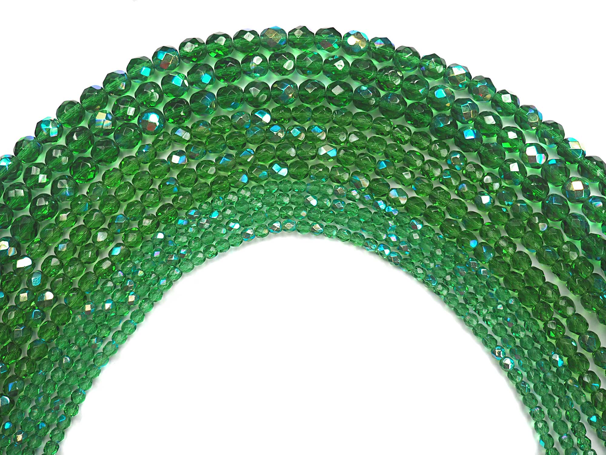 Shamrock Spring Green AB coated, loose Czech Fire Polished Round Faceted Glass Beads, light green with Aurora Borealis