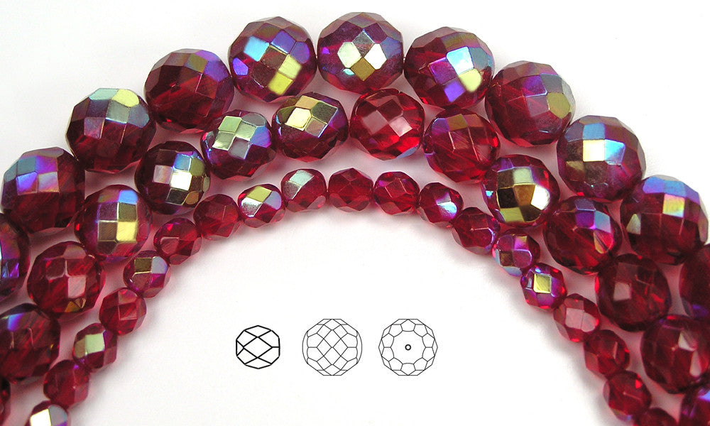 Siam AB, loose Czech Fire Polished Round Faceted Glass Beads, red with Aurora Borealis