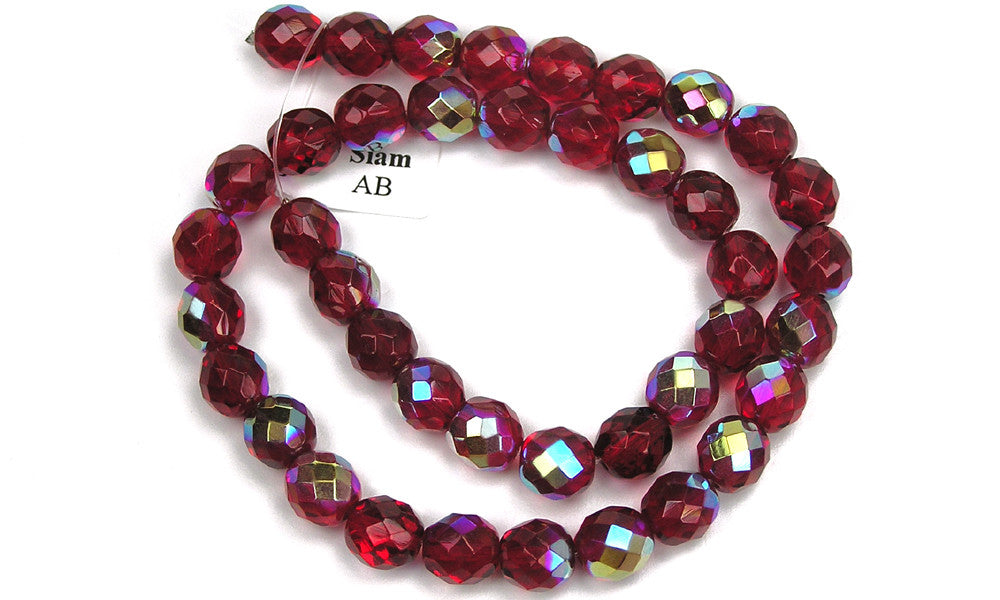 Siam AB coated, Czech Fire Polished Round Faceted Glass Beads, 16 inch strand