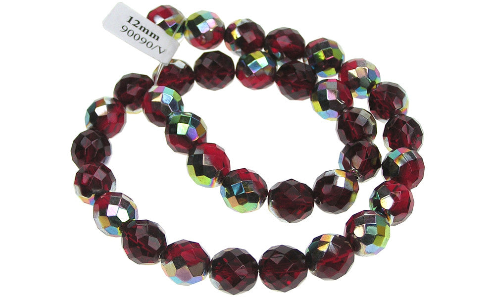 Siam Vitrail coated, Czech Fire Polished Round Faceted Glass Beads, 16 inch strand, 12mm
