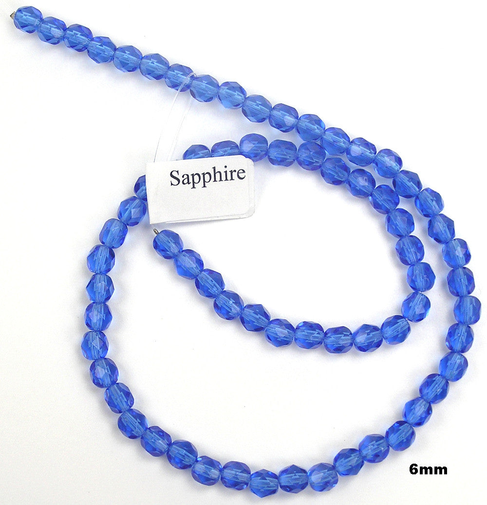 Sapphire, Czech Fire Polished Round Faceted Glass Beads, 16 inch strand, blue