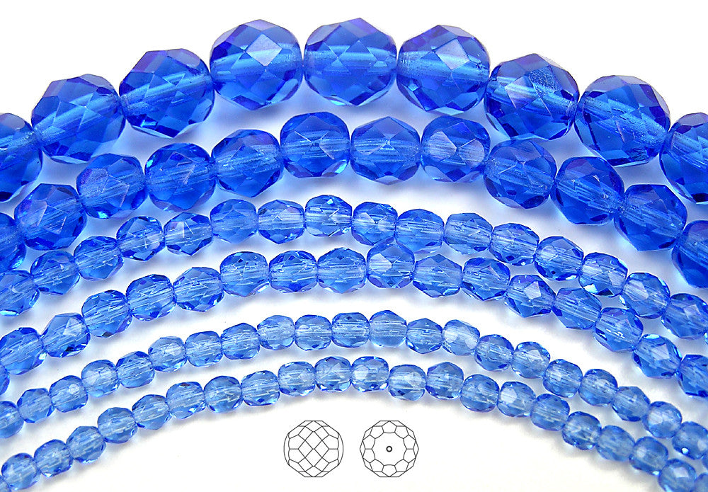 Sapphire color, loose Czech Fire Polished Round Faceted Glass Beads, blue, 3mm, 4mm, 6mm, 8mm
