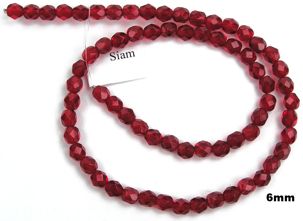 Siam, Czech Fire Polished Round Faceted Glass Beads, 16 inch strand
