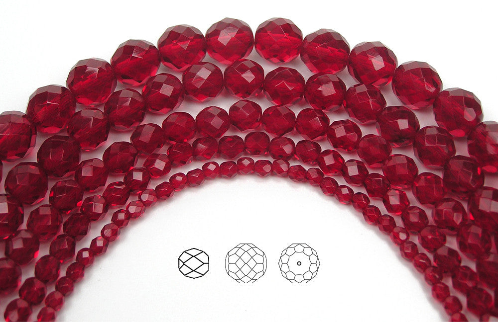 Siam, Czech Fire Polished Round Faceted Glass Beads, 16 inch strand