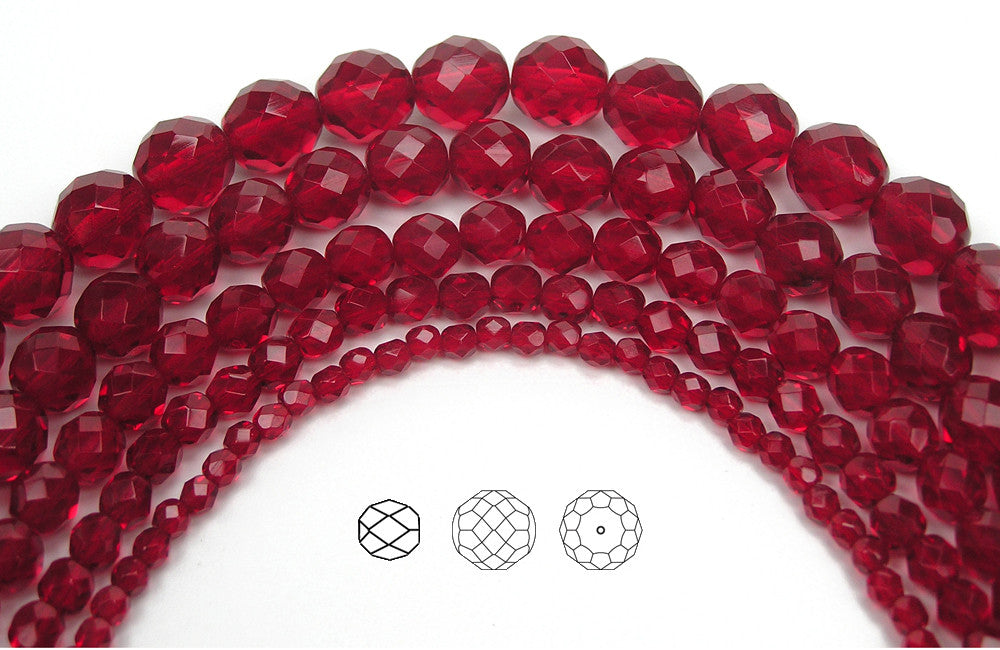Siam, loose Czech Fire Polished Round Faceted Glass Beads, red, 3mm, 4mm, 6mm, 8mm
