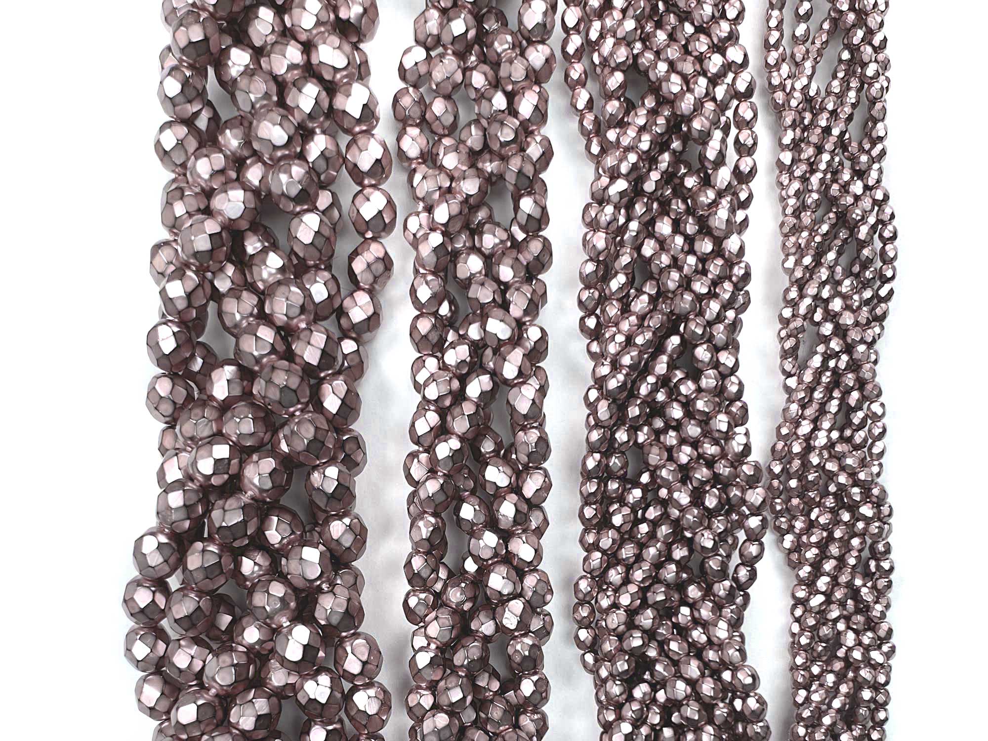 Silver Pink Carmen Metallic Pearl, Czech Fire Polished Round Faceted Glass Beads, Faceted Pearls