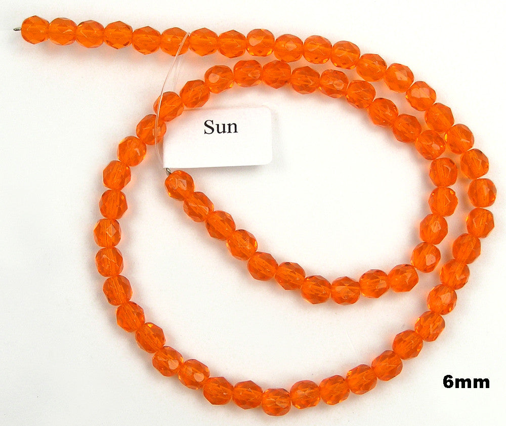 Sun, Czech Fire Polished Round Faceted Glass Beads, 16 inch strand