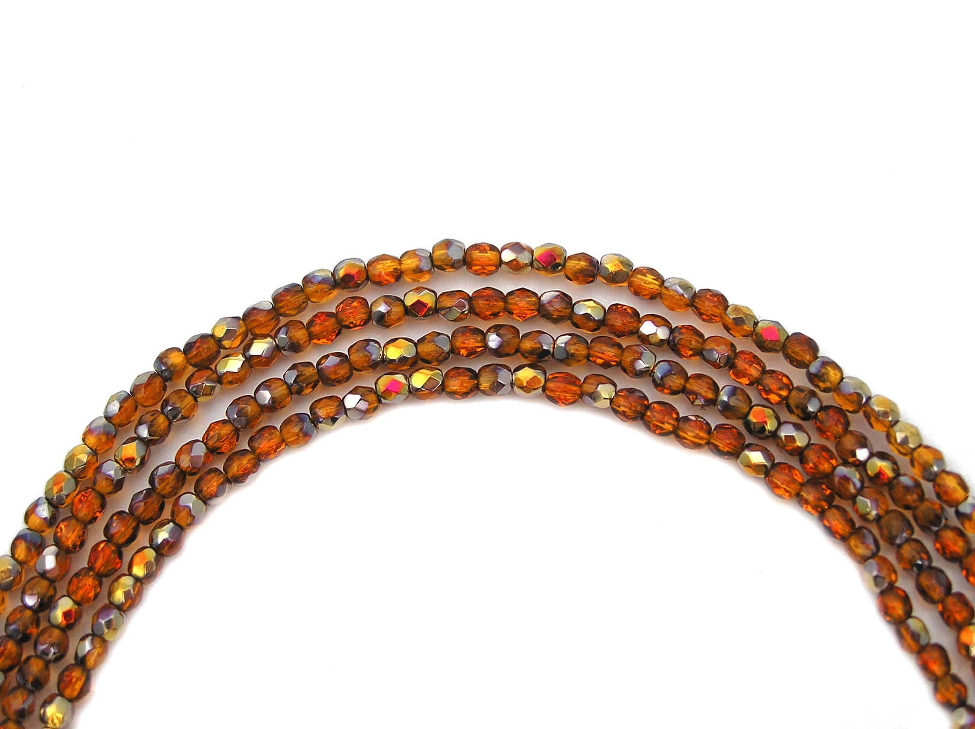 Sun Santander coated, Czech Fire Polished Round Faceted Glass Beads, 3mm, 135pcs on a 16 inch strand