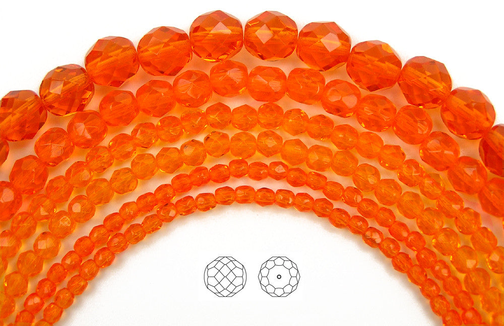 Sun, loose Czech Fire Polished Round Faceted Glass Beads, orange, 3mm, 4mm, 6mm