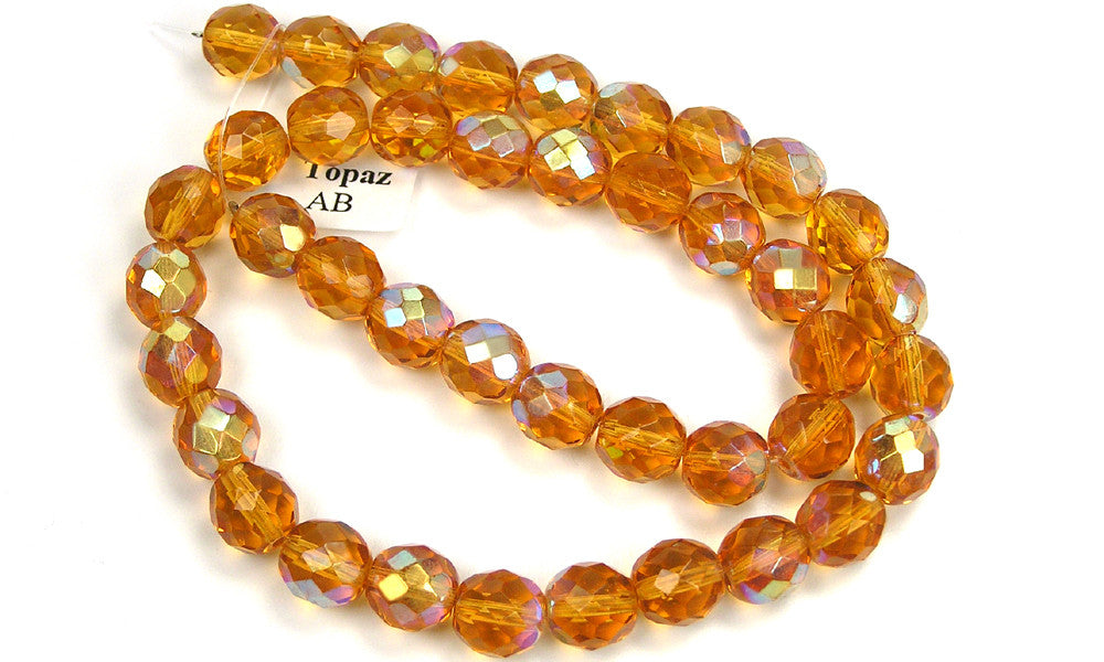 Topaz AB coated, Czech Fire Polished Round Faceted Glass Beads, 16 inch strand