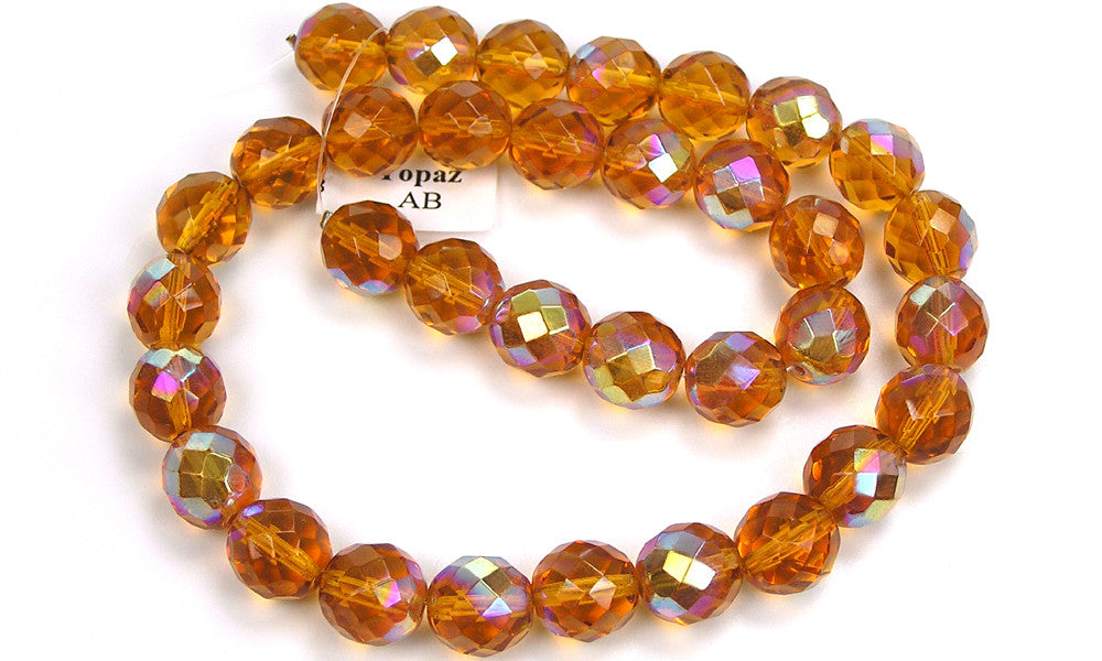 Topaz AB coated, Czech Fire Polished Round Faceted Glass Beads, 16 inch strand