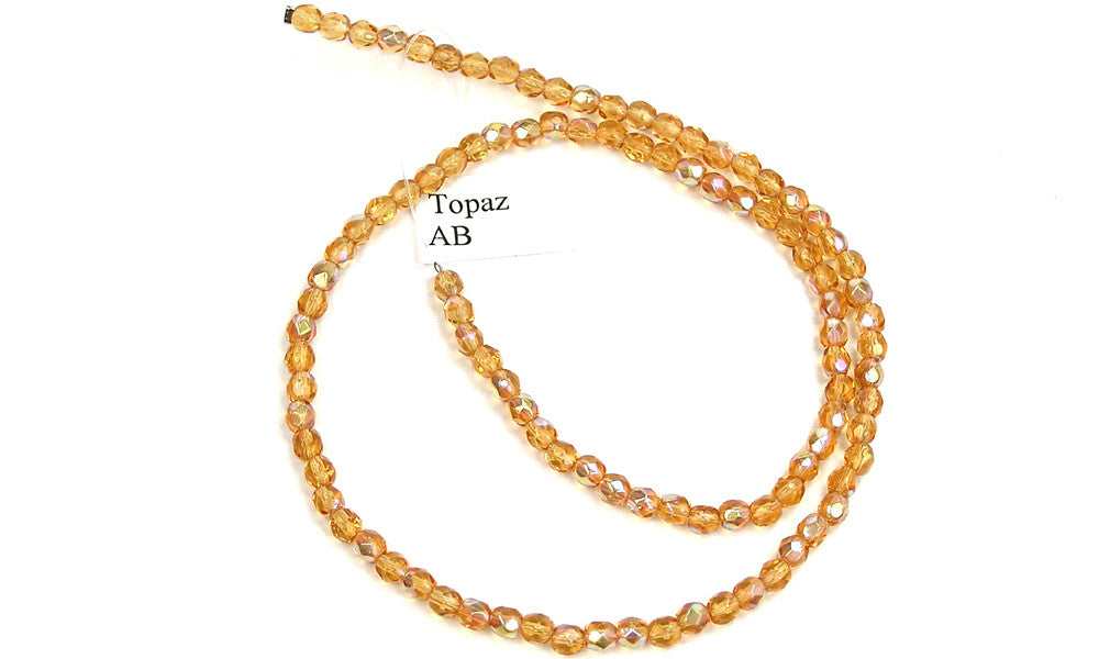 Topaz AB coated, Czech Fire Polished Round Faceted Glass Beads, 16 inch strand