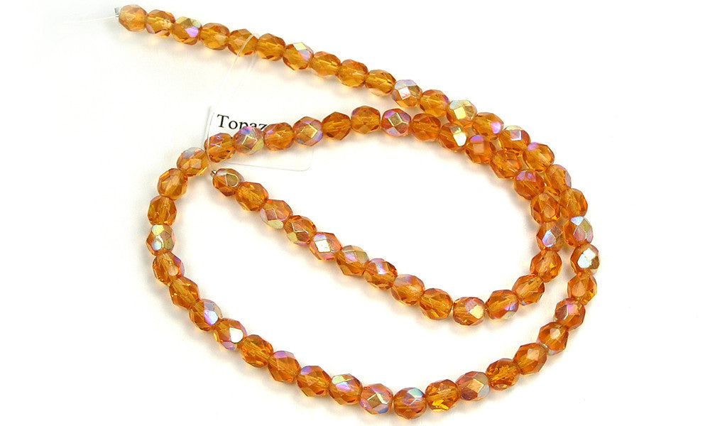 Topaz AB coated, Czech Fire Polished Round Faceted Glass Beads, 16 inch strand