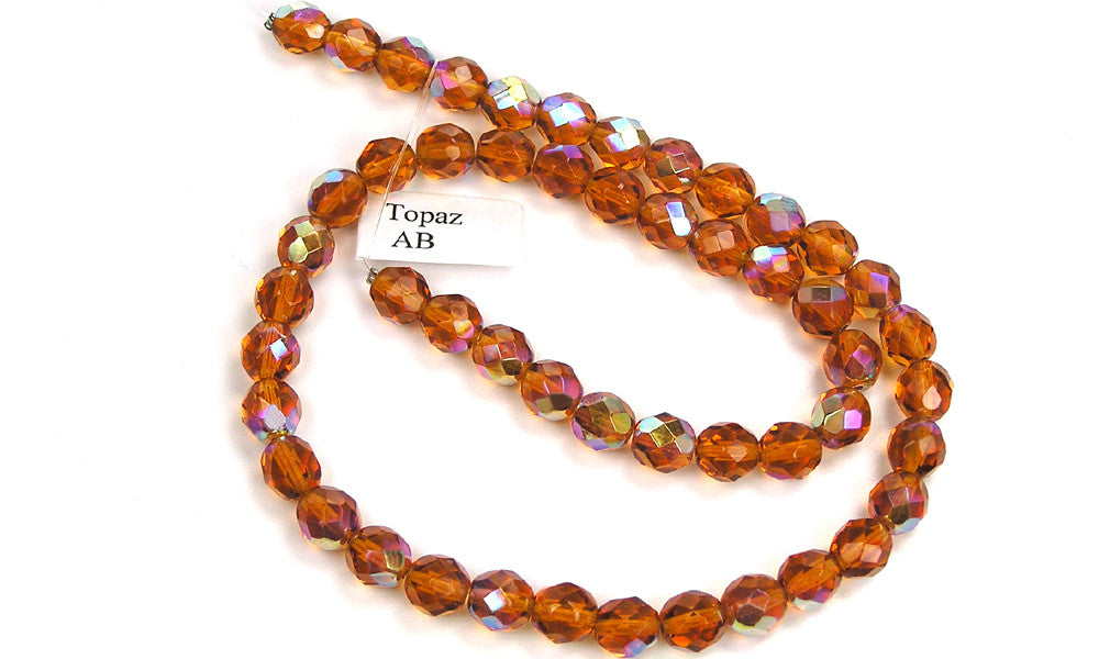 Topaz AB coated, Czech Fire Polished Round Faceted Glass Beads, 16 inch strand