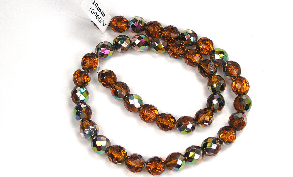Topaz Vitrail coated, Czech Fire Polished Round Faceted Glass Beads, 16 inch strand
