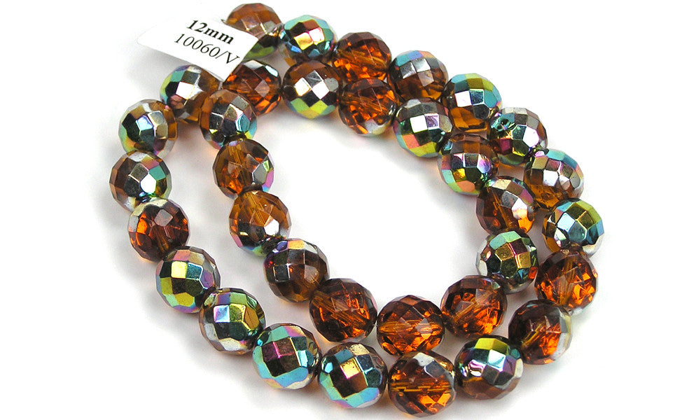 Topaz Vitrail coated, Czech Fire Polished Round Faceted Glass Beads, 16 inch strand