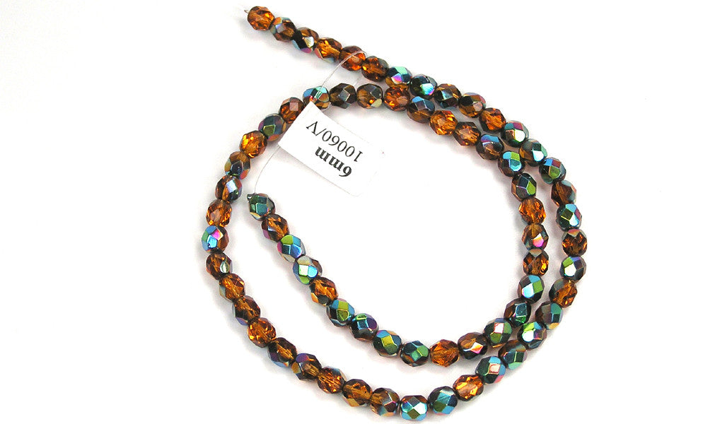 Topaz Vitrail coated, Czech Fire Polished Round Faceted Glass Beads, 16 inch strand