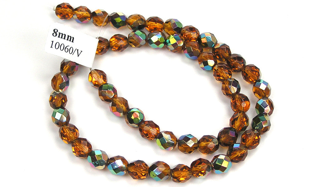 Topaz Vitrail coated, Czech Fire Polished Round Faceted Glass Beads, 16 inch strand