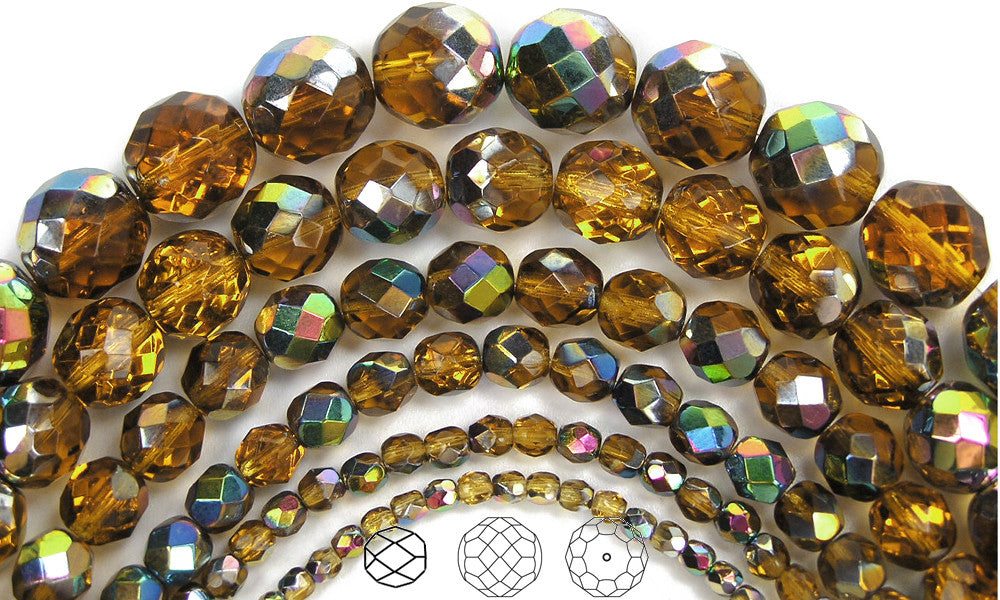 Topaz Vitrail coated, Czech Fire Polished Round Faceted Glass Beads, 16 inch strand