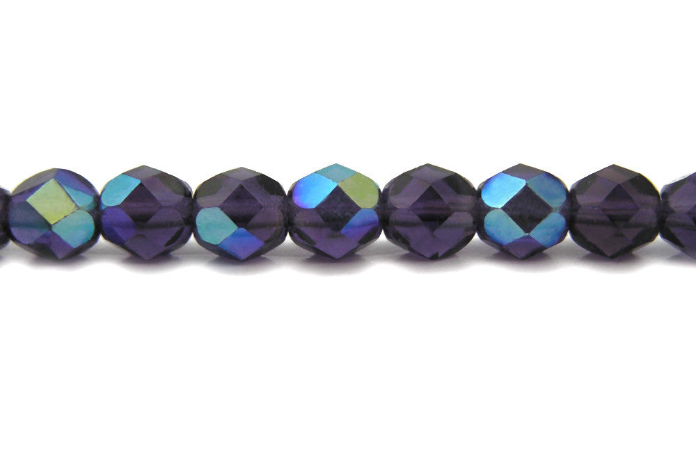 Tanzanite AB coated, Czech Fire Polished Round Faceted Glass Beads, 16 inch strands, Deep Tanzanite Purple