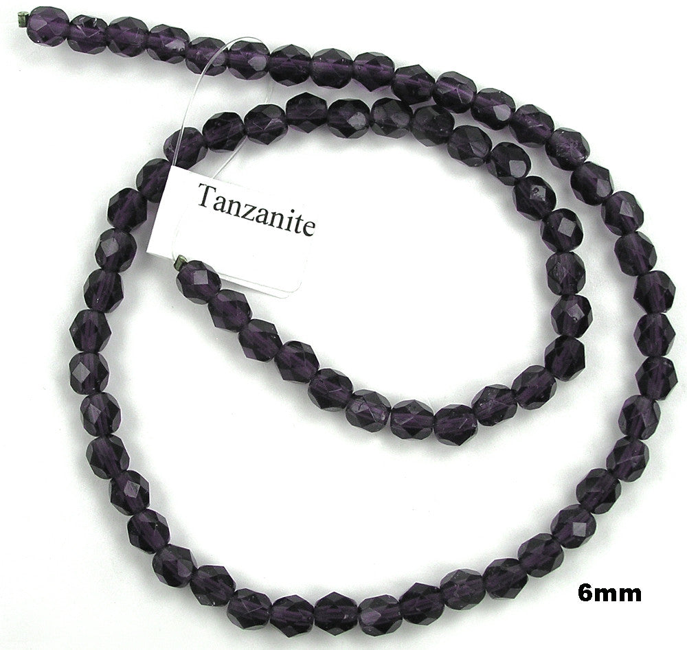 Tanzanite, Czech Fire Polished Round Faceted Glass Beads, 16 inch strand