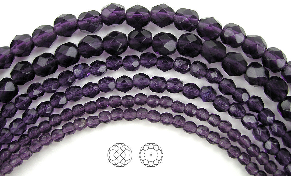 Tanzanite Deep, loose Czech Fire Polished Round Faceted Glass Beads, purple, 3mm, 4mm, 6mm, 8mm