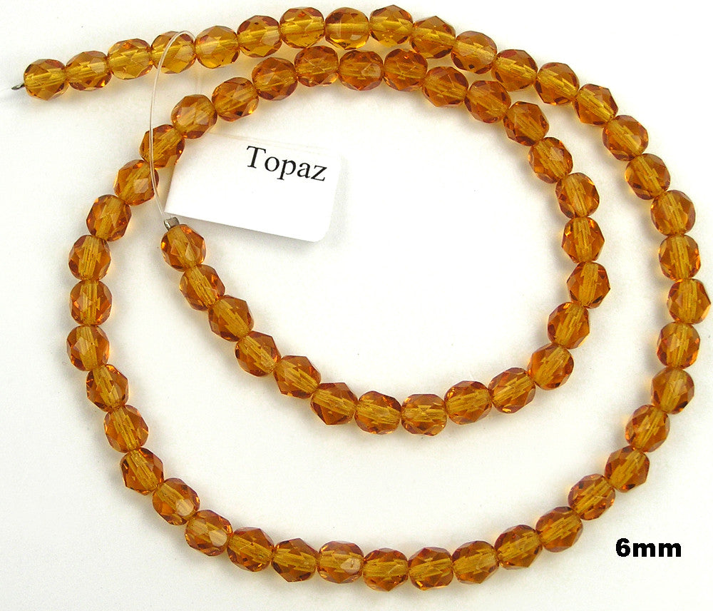 Topaz, Czech Fire Polished Round Faceted Glass Beads, 16 inch strand