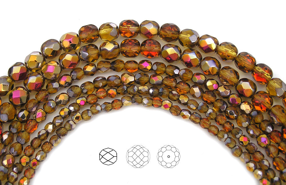 Topaz Santander coated, loose Czech Fire Polished Round Faceted Glass Beads, golden brown with metallic coating, 3mm, 4mm, 6mm