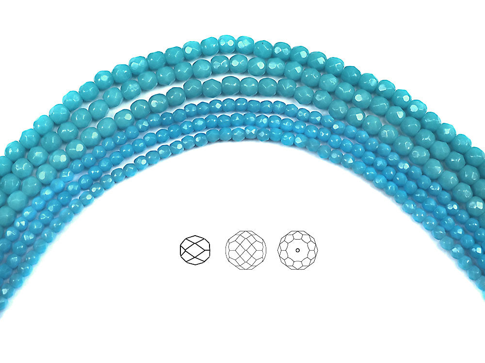 Opaque Blue (Blue Turquoise) Czech Fire Polished Round Faceted Glass Beads 16 inch strand 3mm 4mm 6mm 8mm