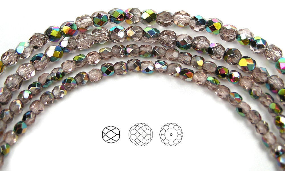 Vintage Rose Vitrail coated, loose Czech Fire Polished Round Faceted Glass Beads, pink with metallic coating, 3mm, 4mm, 6mm