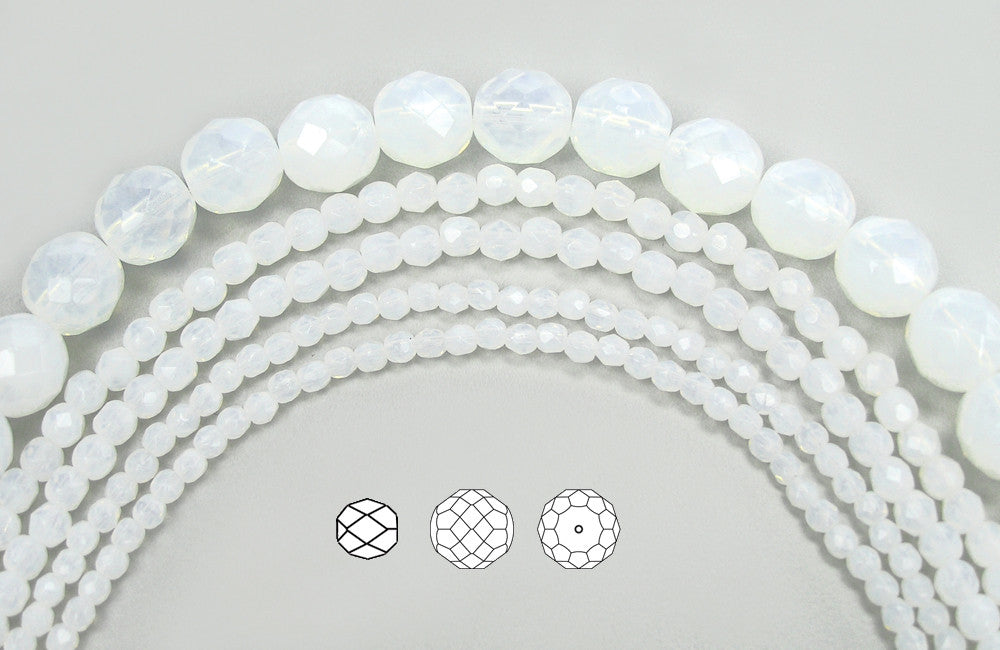 White Opal milky, loose Czech Fire Polished Round Faceted Glass Beads, 3mm, 4mm, 6mm, 8mm