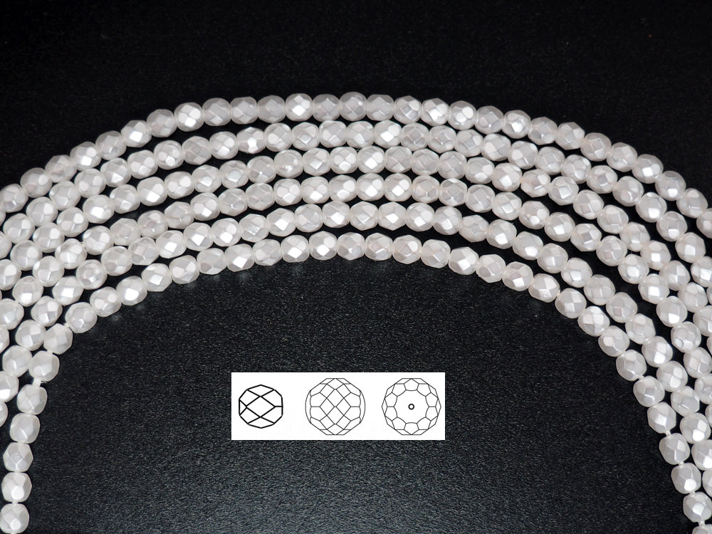 White Carmen Metallic Pearl, Czech Fire Polished Round Faceted Glass Beads, Faceted Pearls