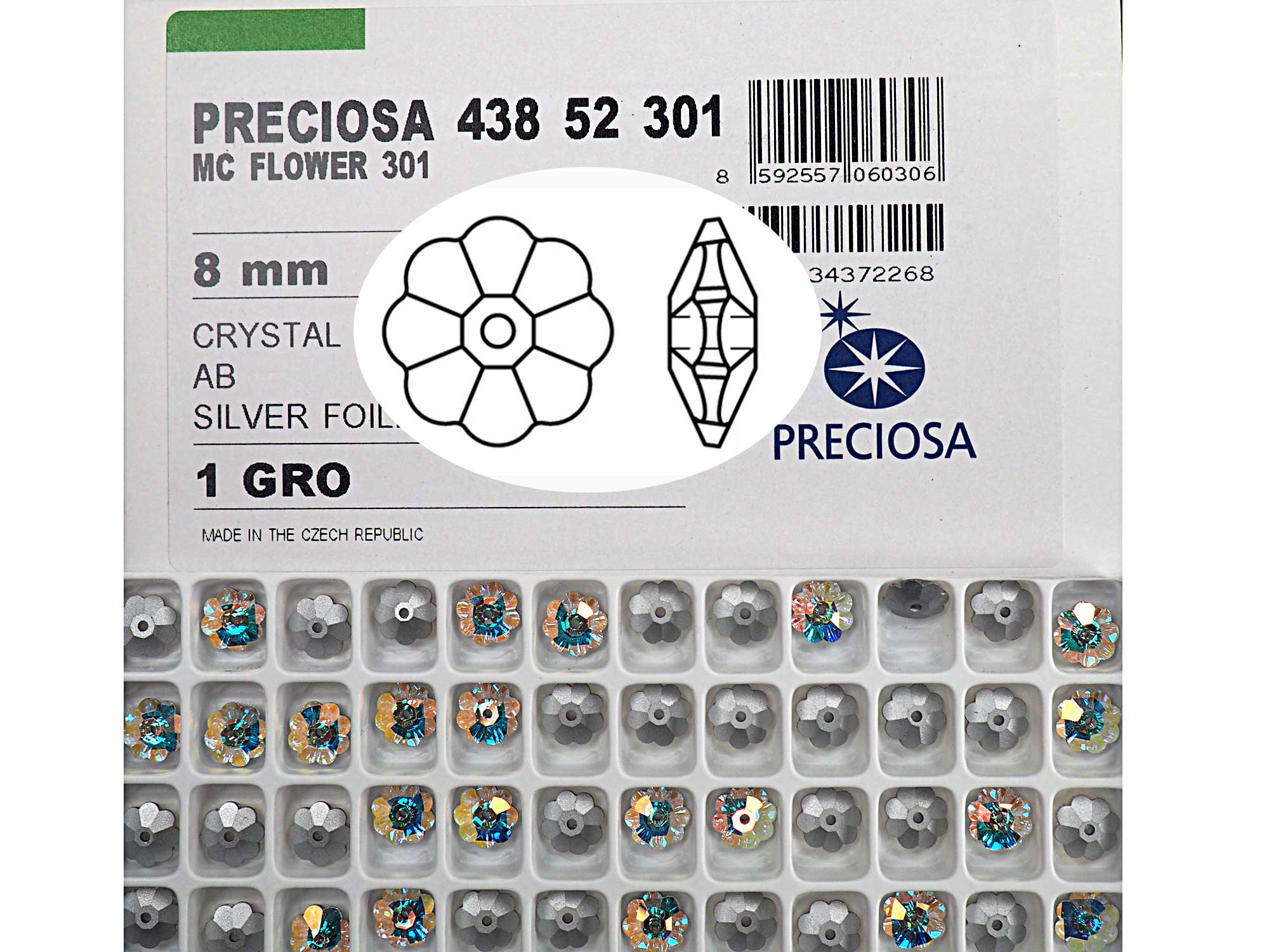 Crystal AB, Preciosa Czech MC Flower 1-hole Sew-on Stones Style #301, 8mm, 36 pieces, Silver Foiled
