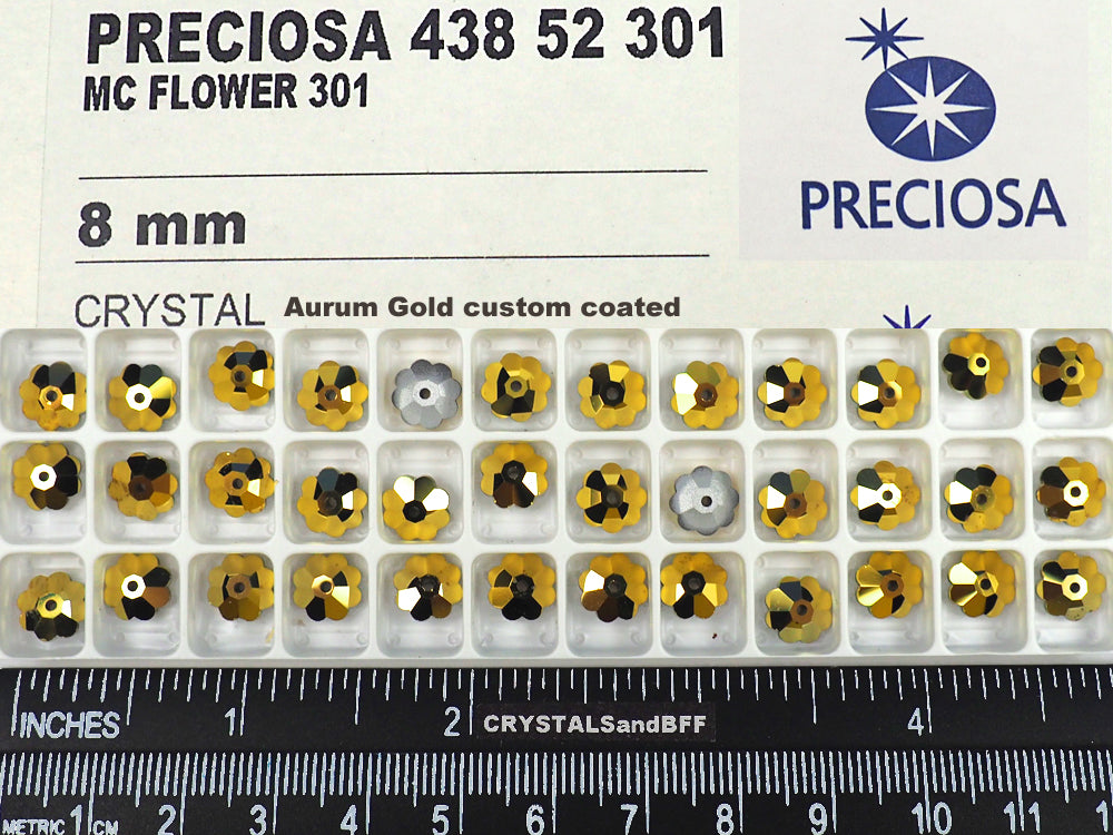 Crystal Aurum Gold custom coated, Preciosa Czech MC Flower 1-hole Sew-on Stones Style #301, 8mm, 36 pieces, Silver Foiled