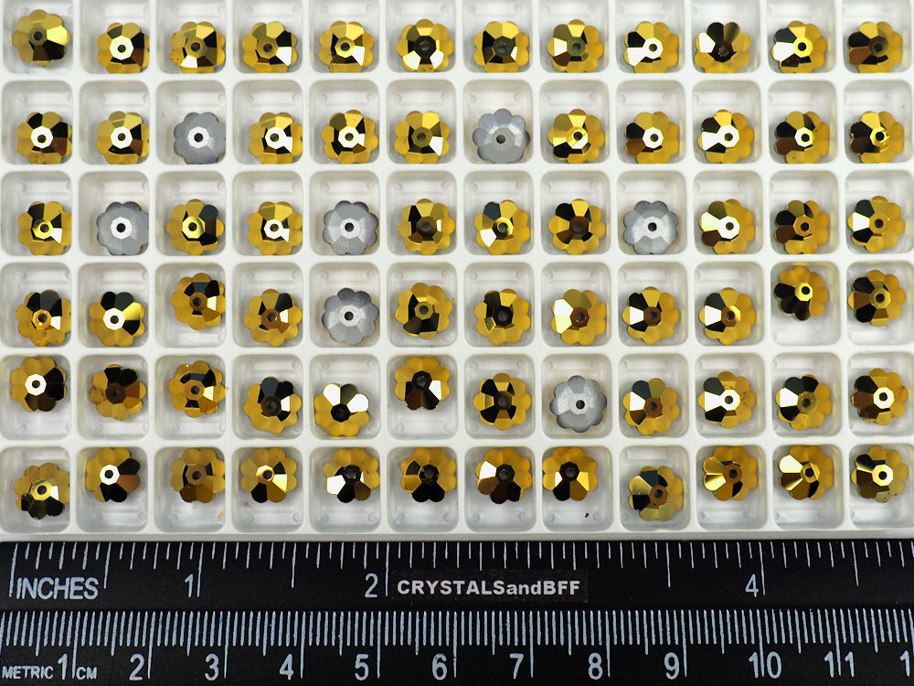 Crystal Aurum Gold custom coated, Preciosa Czech MC Flower 1-hole Sew-on Stones Style #301, 8mm, 36 pieces, Silver Foiled